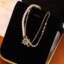 Leocuci Vòng tay vàng đính ngọc trai giả hình ngôi sao dành cho nữ, kiểu dáng điều chỉnh được, nhiều lớp, trang sức dễ thương, tinh tế. - Vàng - Xem 2