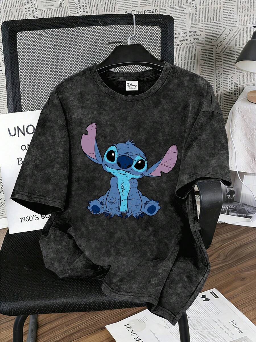 Disney 女款 T 恤,做舊史迪奇印花,復古雪花水洗短袖 T 恤,適合戶外穿著,女款夏季上衣 - 黑色 - 查看 1