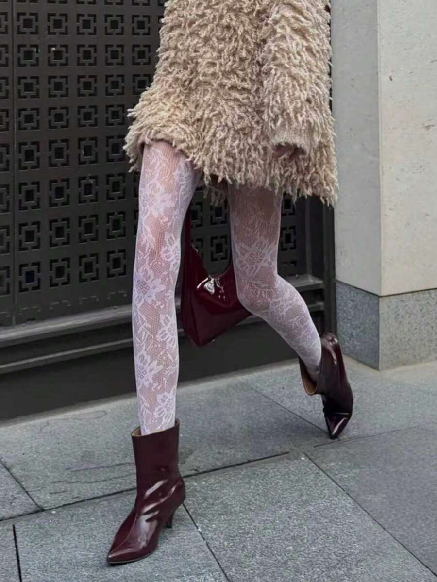 Quần tất lưới họa tiết hoa – Quần tất họa tiết hoa cúc mặt trời màu đen, tất lưới cá tính dễ thương, tất lưới phong cách alternative rave. - trắng - Xem 1