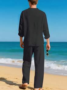 Men's Linen Casual 2 Piece Outfits Long Sleeve Lapel Shirt & Long Pants Set Loose Fit V Neck Tops Breathable Beach Vacation Daily Streetwear Arrival - 黑色 - 查看 4