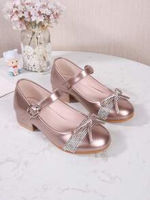 New Girls' Princess Shoes With Rhinestone Bow High Heel Shoes, Dance & Party Wear - Champagne - View 5
