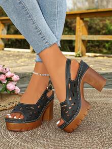 1 đôi sandal cao gót mới, thoải mái và đa năng, phù hợp để đi chơi, đi nghỉ mát, dự tiệc. - màu đen - Xem 5