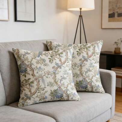 2pcs Boho Flower Bird Tree Print Throw Pillow Covers, Vintage Floral Cushion Cases, 45x45cm Linen Pillowcase For Sofa Bedroom Living Room Home Decor