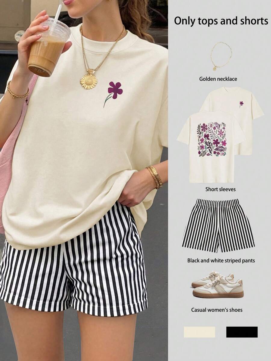 Floral Print Women's Loose Short Sleeve T-Shirt And Striped Shorts Set, Suitable For Beach Vacation, Women's Suit, Women's Summer Set, Vacation Outfit, Travel Clothing, Beach Style, Minimalist Vacation Wear - Apricot - View 1