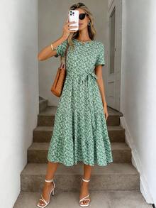 Women's Short Sleeve Round Neck Ruffle Waist Pocket A-Line Floral Midi Dress, Summer Vacation Elegant - Green - View 6