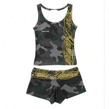 Y2K Letter Print Summer American Retro Sleeveless U-Neck Cropped Women's Top Vest Hot Girl Shorts Set, Two-Piece Set For Women - 黃色 - 查看 2