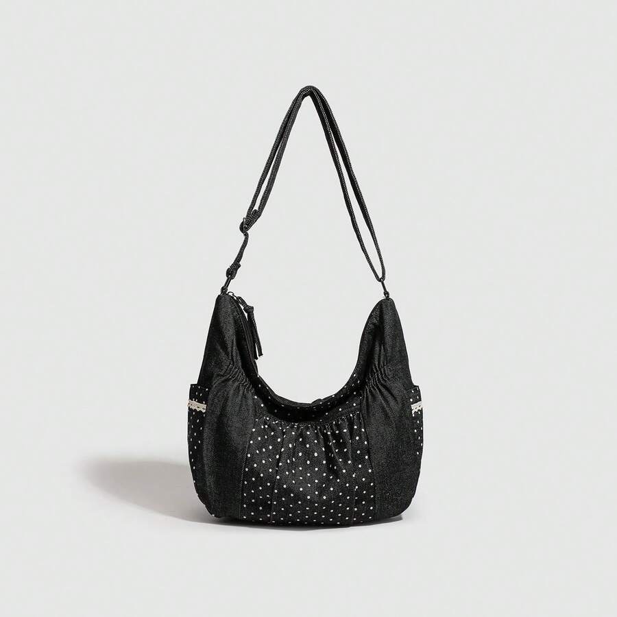 Borsa a spalla casual in tela | Borsa shopper di grande capacità per pendolarismo e scuola | Borsa a spalla stile ballerina a pois per donne - Borsa nera a pois ispirata al balletto - Visualizzare 1