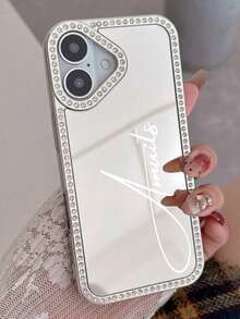 Personalized Luxury Customized Emboss Letter Name Rhinestone Makeup Mirror Phone Case Compatible With IPhone 17 Pro Max 16 Pro Max 15 Pro Max 14 Pro Max 13 12 11 17Air Plus Protective Back Cover - Silver - View 7