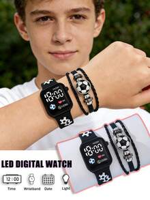 2 estilos de relojes digitales LED con temática de fútbol para niños, con diseño de pantalla cuadrada clásica, correa con patrón tejido a mano de fútbol, adecuado para la vida diaria, deportes, escuela, fiestas y viajes, regalo perfecto para amigos, cumpleaños o graduación, ideal para niños y niñas - Negro - Ver 1