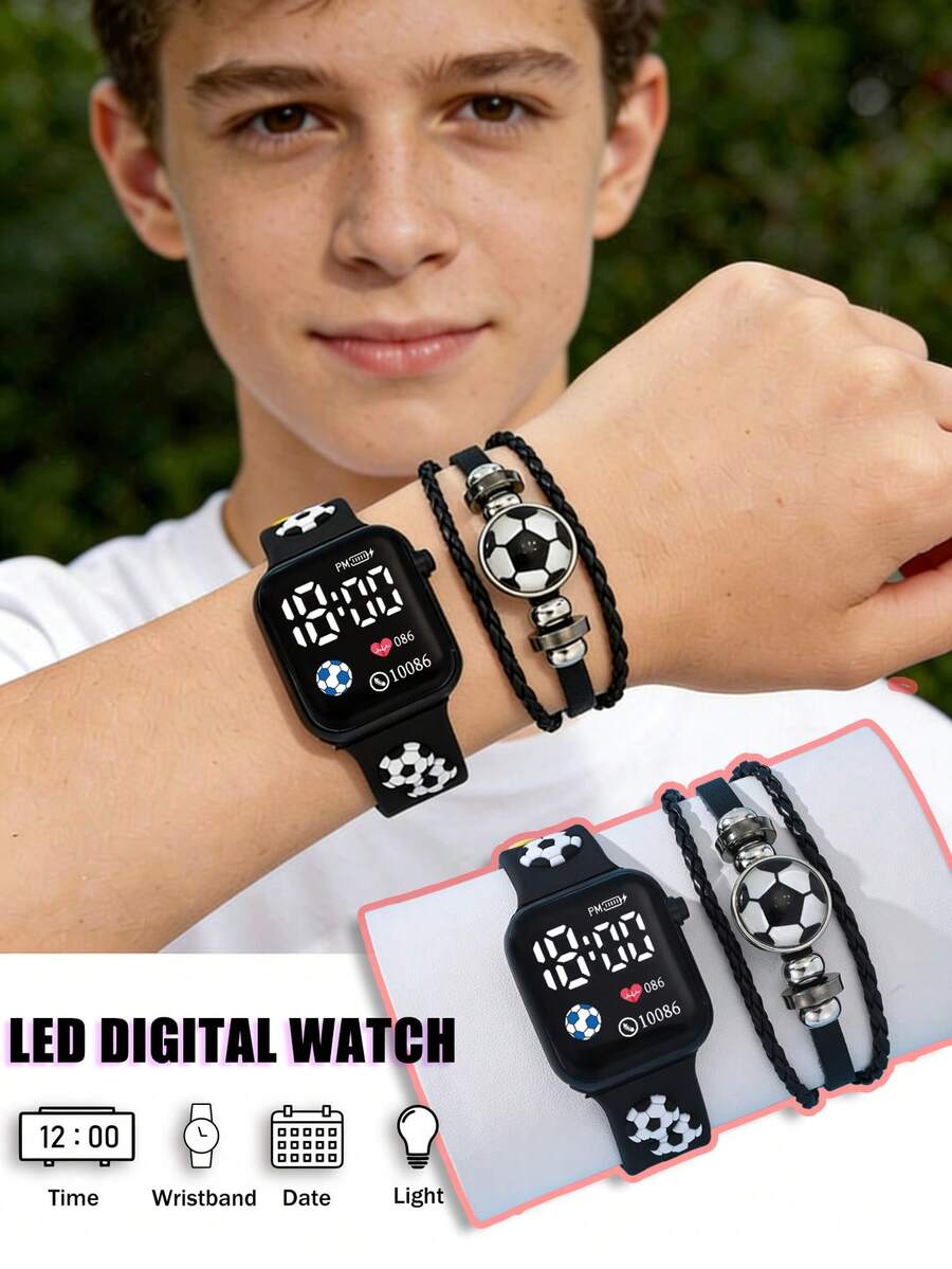 2 estilos de relojes digitales LED con temática de fútbol para niños, con diseño de pantalla cuadrada clásica, correa con patrón tejido a mano de fútbol, adecuado para la vida diaria, deportes, escuela, fiestas y viajes, regalo perfecto para amigos, cumpleaños o graduación, ideal para niños y niñas - Negro - Ver 1