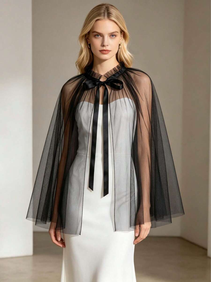 New Black Mesh Shawl, Minimalist Fashionable See-Through Elegant Shawl, Suitable For Various Occasions Such As Weddings, Galas, Parties, Cosplay, And Theme Events - Black - View 1