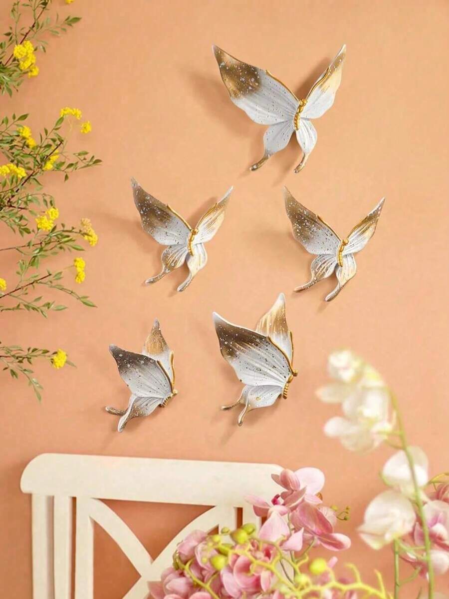 5件套蝴蝶舞动墙饰创意墙饰DIY吊坠墙贴3D墙饰蝴蝶秋季房间装饰圣诞装饰卧室装饰 - 金色 - 查看 1