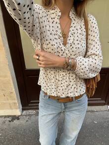Spring Summer Women Polka Dot Ruffled V Neck Blouse Long Sleeve Buttons Shirts Elegant Lady Chic Thin Shirt Tops Vacation - 白色 - 查看 1