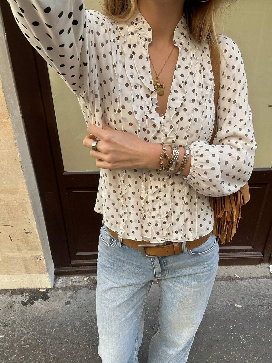 Spring Summer Women Polka Dot Ruffled V Neck Blouse Long Sleeve Buttons Shirts Elegant Lady Chic Thin Shirt Tops Vacation - 白色 - 查看 1