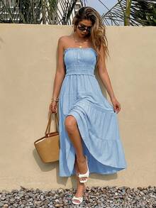 Blaues ärmelloses rückenfreies Volantkleid, Damen lässig Boho Stil trägerloses langes Kleid geeignet für Strand, Urlaub, Party - Babyblau - Übersicht 7