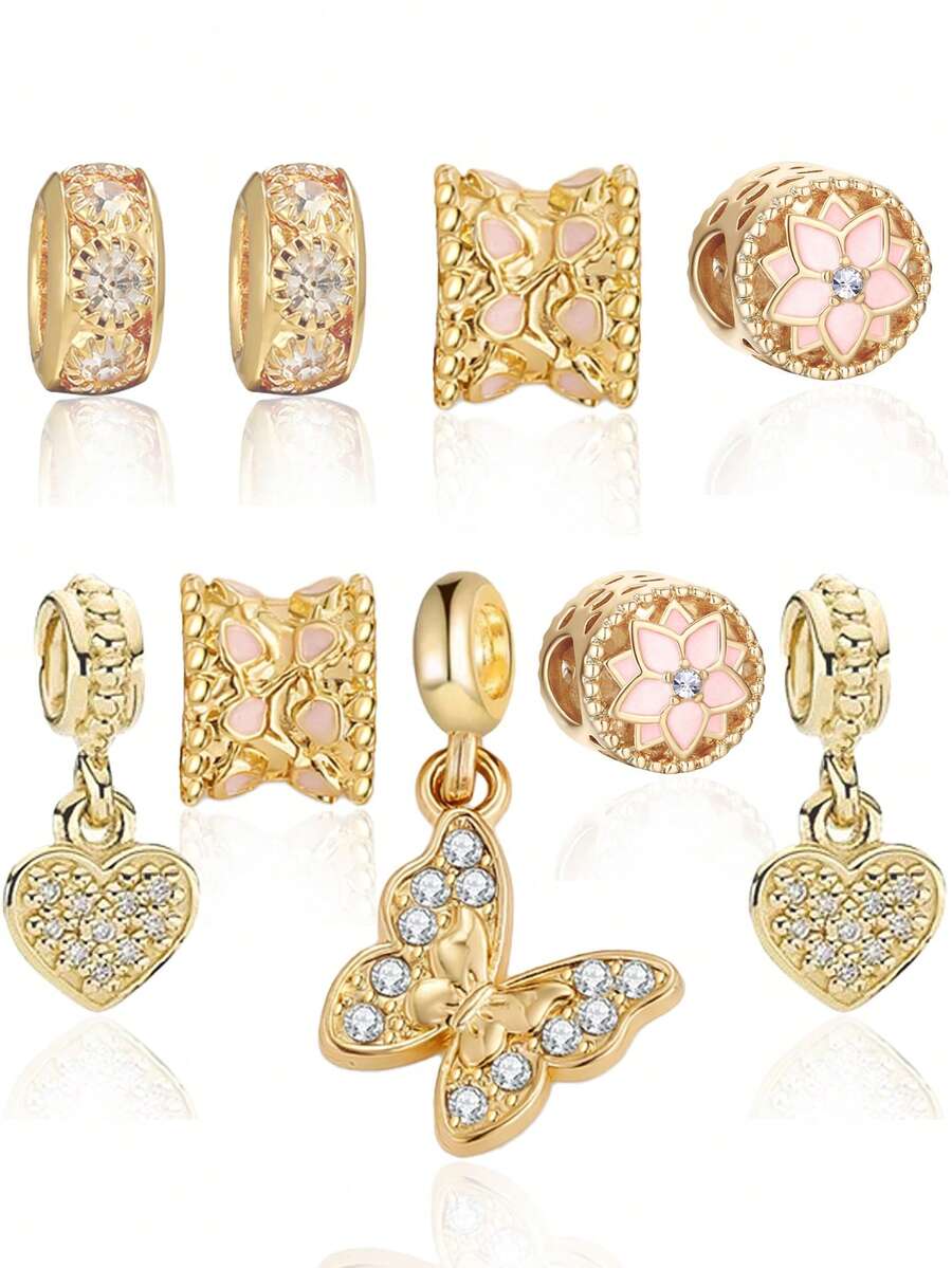 9 chiếc mặt dây chuyền trang sức tự làm hình trái tim, bướm, hoa bằng pha lê vàng. - Nhiều màu - Xem 1