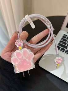 5pcs Pink Cat Paw Shaped Cable Protector, Compatible With Apple Data Cable, Charger 18-20W, Anti-Bending, Wire Organizer - Multicolor - View 4