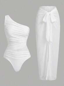 Swim Oasis Traje de baño de una pieza con panel de malla fruncida de unicolor y falda pareo - Blanco - View 12