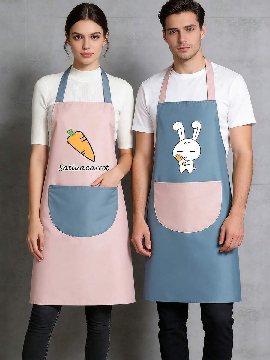Bộ 2 tạp dề làm việc điều chỉnh được, chống thấm nước và dầu mỡ, họa tiết thỏ và cà rốt hoạt hình, có túi, thích hợp cho việc nấu nướng, tạp dề đầu bếp unisex, thích hợp cho việc nấu ăn trong nhà bếp, tạp dề dọn dẹp nhà cửa đơn giản và thanh lịch. - Nhiều màu - Xem 1