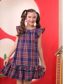 Junior Girl's Checkered Dress For June Festival, Light And Elegant, Flared - kotak-kotak/biru tua - View 14
