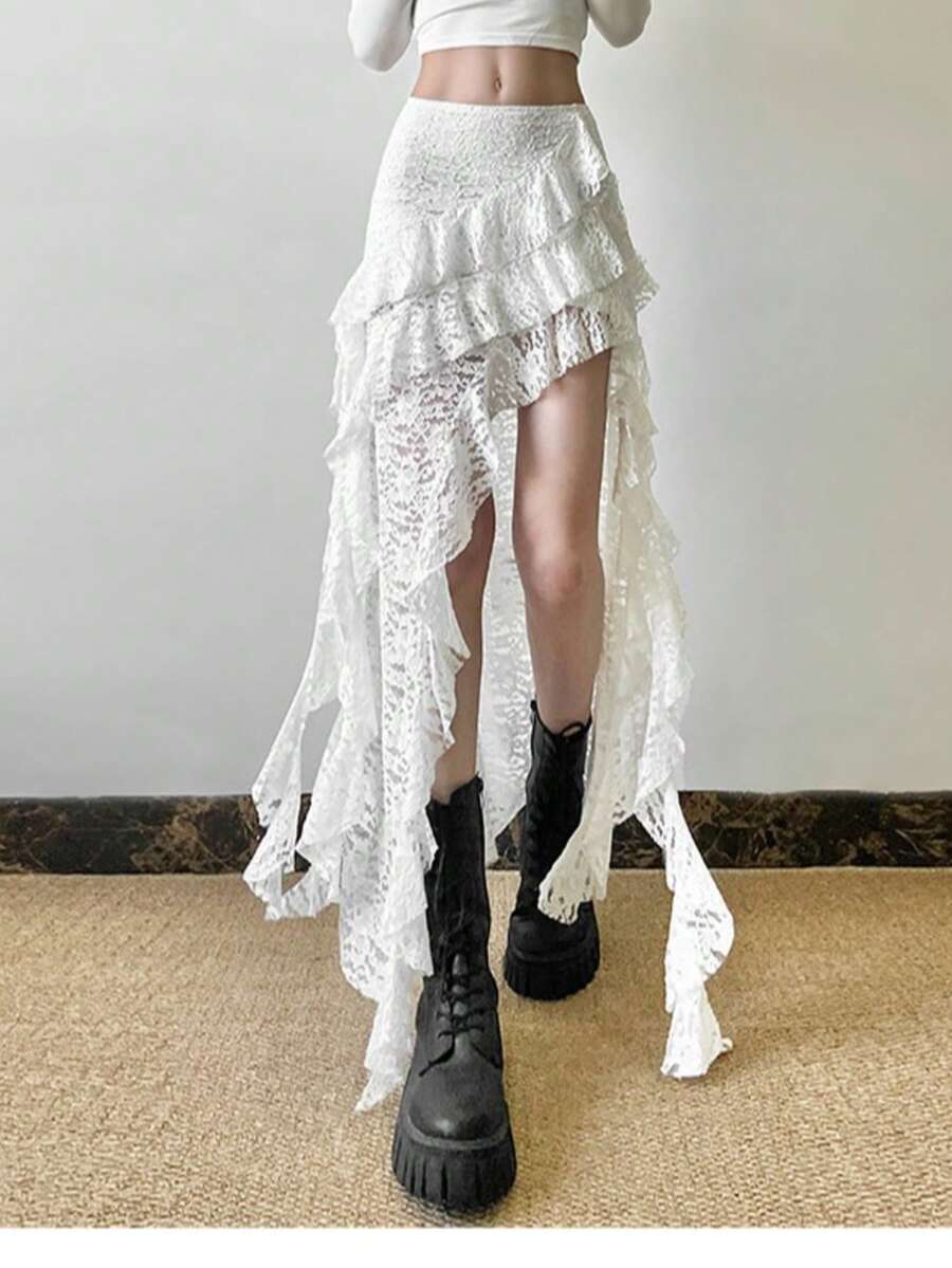 Đầm maxi ren đen, thiết kế bất đối xứng gợi cảm với viền bèo nhún, chất liệu polyester hơi xuyên thấu, thích hợp cho các bữa tiệc và sự kiện buổi tối. - trắng - Xem 1