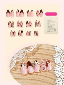 Transform Your Nails With This 24pcs/Set Gorgeous And Elegant Brown Leopard Print Gradient French 3D Flower Ripple Three-Dimensional Rhinestone Embellished Almond-Shaped Press-On Nails, Including Jelly Glue And A Nail File, Perfect For Girls And Women For Daily Gatherings And Parties, Autumn Nails - Multicolor - View 2