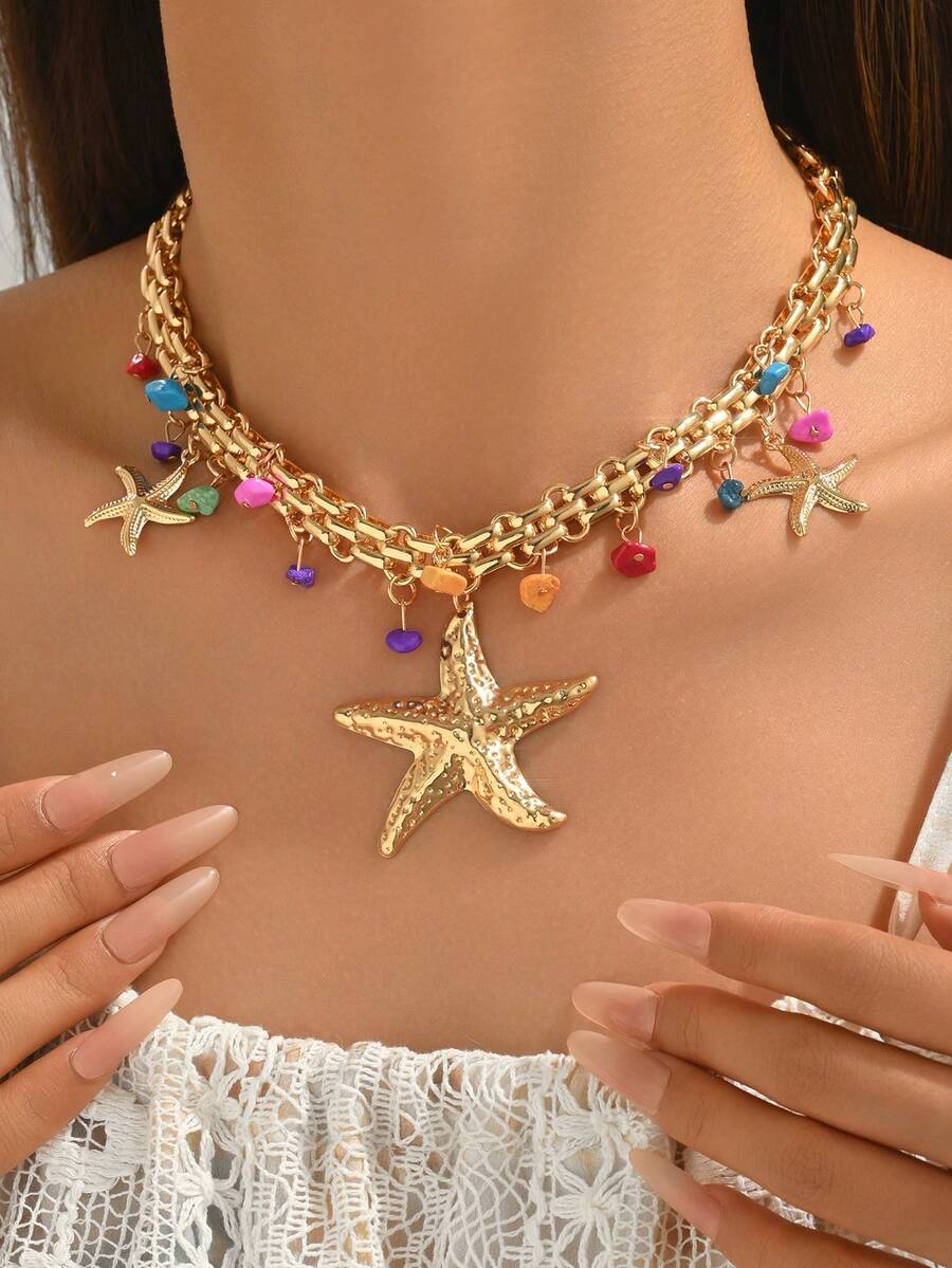 1pc Chunky Jewelry Necklace, Luxury Heavy Metal Necklace With Colorful Stone Starfish Pendant, Unique Design Thick Chain Necklace For Women, Suitable For Daily Wear, Dates, Parties, Music Festivals - Multicolor - View 1
