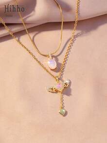 Hihho 两件套：椭圆形半透明柔光吊坠，简约蛇骨链增添优雅气质；心形翅膀吊坠镶嵌闪亮水钻，流苏设计，优雅别致。无论单独佩戴彰显精致品味，还是叠戴打造独特风格，这些项链都是表达您真挚祝福的绝佳礼物。 - 鎖骨鏈 - 查看 4