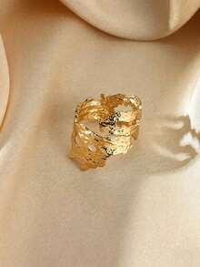 1枚独特不对称锤纹开口戒指，18K镀金不锈钢开口戒指，高端质感配饰，派对装扮礼品 - 金黃色 - 查看 3