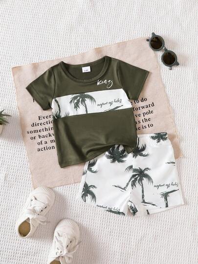 BrownBark 2件套男宝宝夏季时尚椰树印花撞色圆领T恤+沙滩短裤，休闲舒适清爽夏季男宝宝套装
