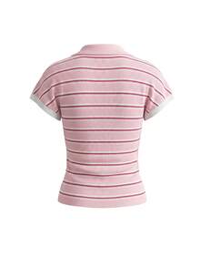 Knit Mix Damen eleganter, lässiger gestreifter Pullover mit Kragen, Knöpfen und Kapuze, Kurzarm, geeignet für Frühling/Sommer, Alltag, Zuhause, Pendeln, Büro, Pink - Pink - Übersicht 10