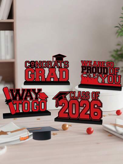 4pcs-Class Of 2026 Graduation Decorations | Red And Black Wooden Centerpiece | Table Decorations | Class Of 2026 | Congratulations, Grad! | School, Home, And Graduation Party Tiered Tray Decorations