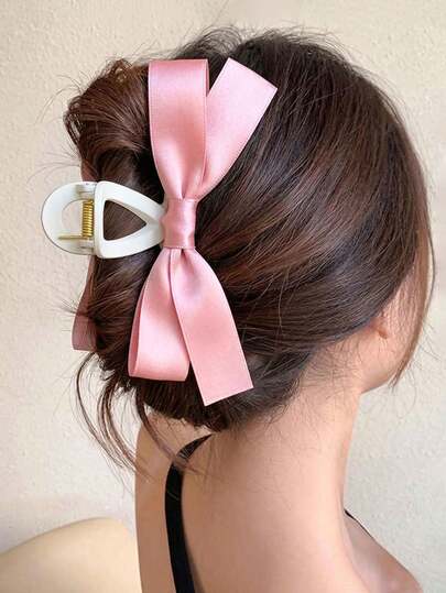 1pc Pink Elegant Satin Bow Hair Claw Claw Clips Hair Clips Hair Jaw Clip Hair Clamps Hair Clutch Hair Claw Clip, Bow Accessories, School Stuff, College Fall Winter Hair Accessories For Women For Vacation Outfits Woman
