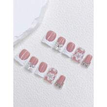 10pcs Y2K Style Red & White French Press-On Nails, Handmade 3D Floral Carved Duck Mouth Nail Tips With Silver Bowknot & Rhinestone Decor, Suitable For Daily And Party Wear, Great Gift For Women And Girls Nail Supplies Handmade Press On Nails - 紅白色 - 查看 2