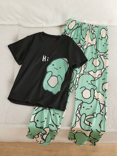 Cute, Casual, And Fun Cartoon Animal "Hi" Pattern Girl's Short Sleeved Round Neck Home Set In Two Pieces, Paired With A Spring/Summer Cartoon Small Print Top And Fully Printed Cartoon Animal Casual Pants Home Set, Full Of Fun, Perfect For Daily Wear At Home In Spring/Summer