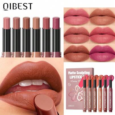  QIBEST 6pcs Velvet Matte Lipstick Set, Smooth Lip Makeup Effect, Easily Enhances Lip Tone