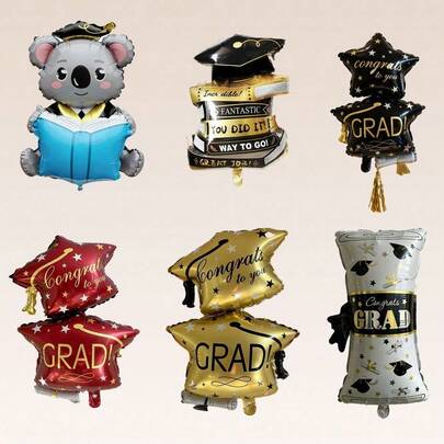 1 pieza Conjunto de globos con tema de graduación, que incluye un koala doctoral, un diploma, un birrete de graduación, globos de papel de aluminio en colores negro, rojo y dorado con texto de felicitación en relieve. Adecuado para la ceremonia de graduación, la fiesta de despedida, el recuerdo del campus, la decoración del hogar para crear una atmósfera solemne y festiva, preservando los momentos memorables de la graduación.