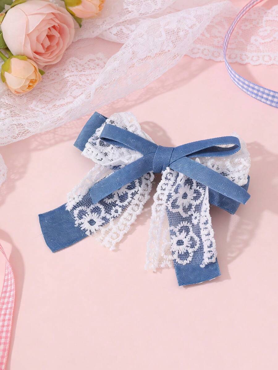 1个女童优雅甜美牛仔蝴蝶结蕾丝发夹，适合春夏日常佩戴 - 彩色 - 查看 1