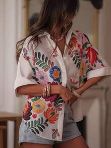 Camisa de mujer de manga corta con botones y estampado floral elegante, adecuada para uso casual diario, primavera/verano, color blanco - Blanco - Ver 1