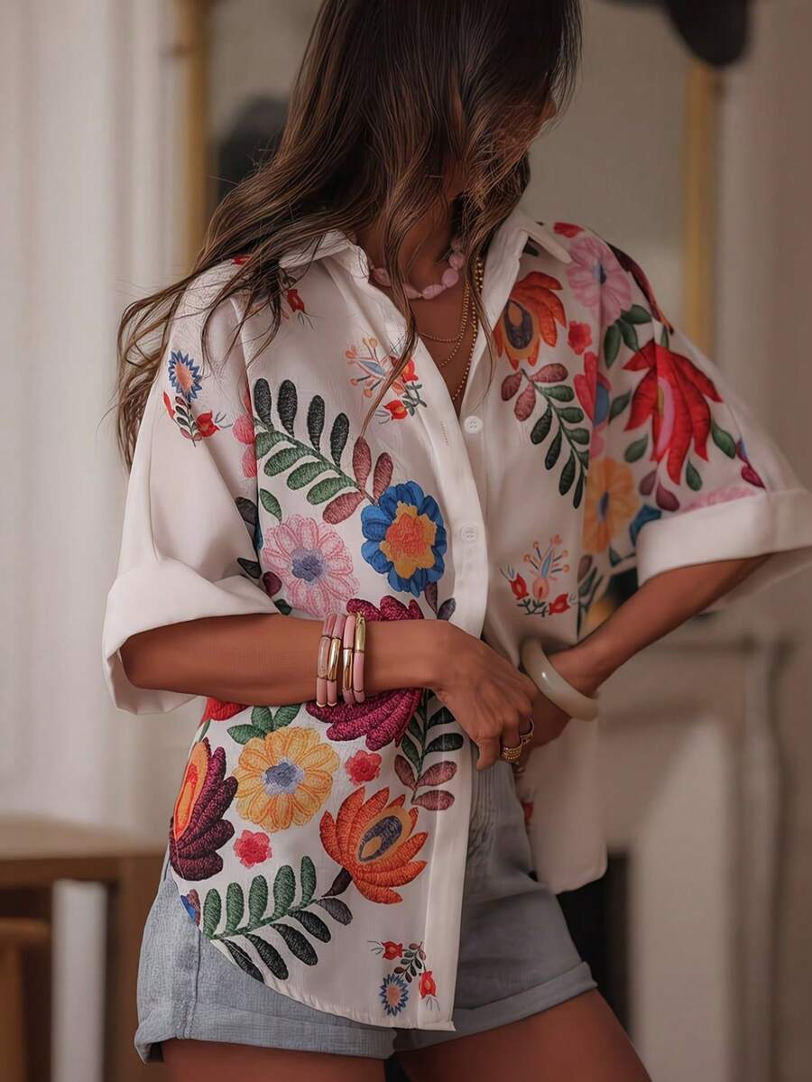 Camisa de mujer de manga corta con botones y estampado floral elegante, adecuada para uso casual diario, primavera/verano, color blanco - Blanco - Ver 1