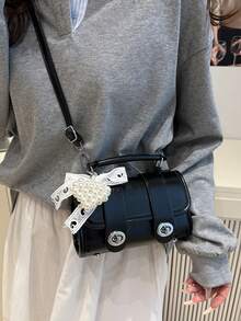 1 pieza Bolso de mano cilíndrico mini retro para mujer, de uso diario (con accesorios) - Negro - Ver 4