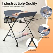 RibasuBB Foldable Baby Changing Table With Adjustable Height, 3 Storage Compartments, Towel Rack, Non-Skid Wheels, For Babies Up To 12 Months (Gray) - Dark Grey - View 7