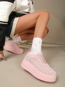 Fashion Hollow Lace-Up Platform Height-Increasing Sneakers, Street Casual Style Platform Sneakers - Pink - View 2