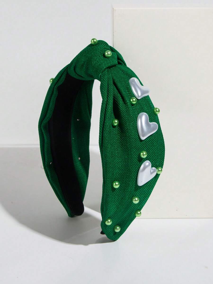 1pc Solid Color Fabric Sweet Korean Style Women Headband, Minimalist Pearl Heart Decor Hair Accessory, Elegant Lady Vibe Travel Accessories Hair Band Diadema Hair Hoop - Green - View 1