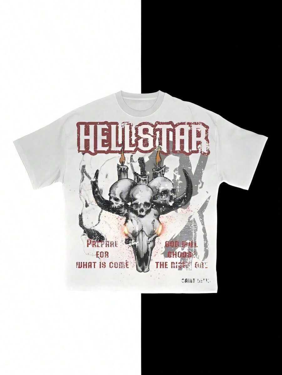 Y2K Dark Graphic Tees Men, Hell Star Crew Neck Heavyweight 250g Skull Bull Head Print T Shirt, Soft Breathable Summer Unisex Gift For Him, Father's Day Graduation Independence Day,   For Men - 白色 - 查看 1