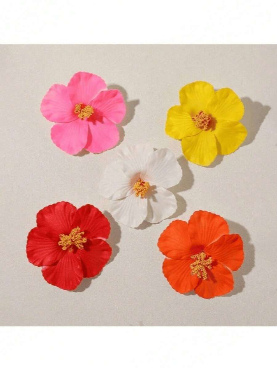 5 piezas Clips para el cabello con flores de hibisco, estilo de vacaciones en la playa, unicolor dulce bohemio elegante de PVC, accesorios para el cabello adecuados para todas las estaciones, verano, vacaciones, viajes, accesorios para la cabeza - Multicolor - Ver 1