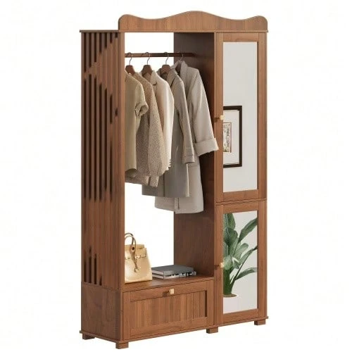 Wardrobe With Mirror And Open Clothes Rack – Compact Wardrobe, Practical Storage Space With Drawer And 2 Doors, Ideal For Bedroom And Hallway. - 自然色 - 查看 1