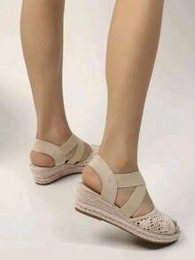 Stora Peep-Toe Andningsbara Korsade Jute Rep Plattform Lätta Mode Damskor - Beige - Visa 3