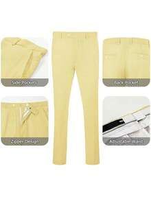 Men's Suit 2-Piece Set - Solid Seersucker Single-Breasted Jacket, Essential For Casual Activities, Weddings, Parties, And Business Occasions, Classic Tailoring Formal Style, High-Quality Tailored Seersucker Fabric, Fashionable Gentleman Style - 黃色 - 查看 7