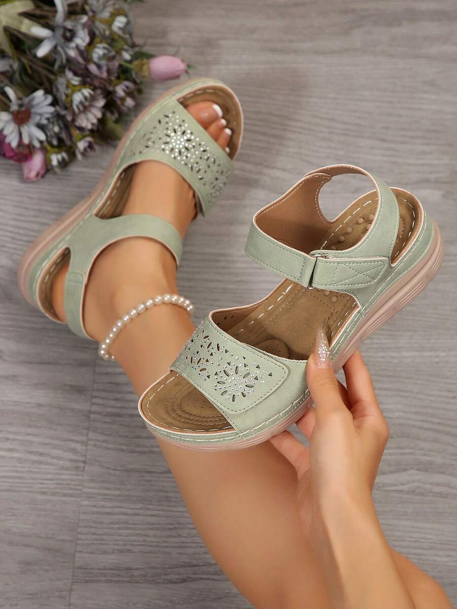 Green Rhinestone Wedge Sandals Women | Platform Open Toe Sandals For Beach Vacation Casual Daily Walking - Green - View 1